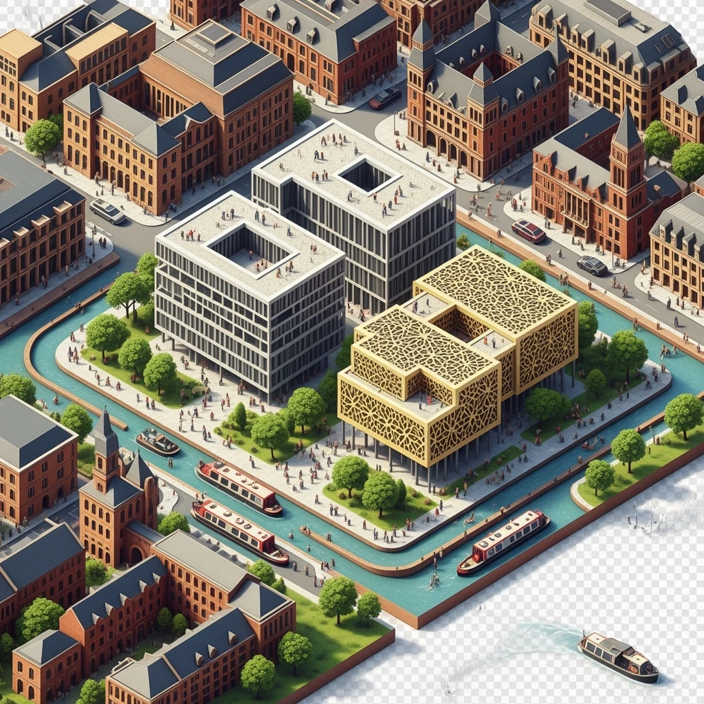 Isometric illustration of Birmingham, featuring the Library of Birmingham with its modern architecture and nearby canals, highly detailed in semi-realistic style, balanced between stylized and realistic, 3D miniature effect, transparent background. emoji