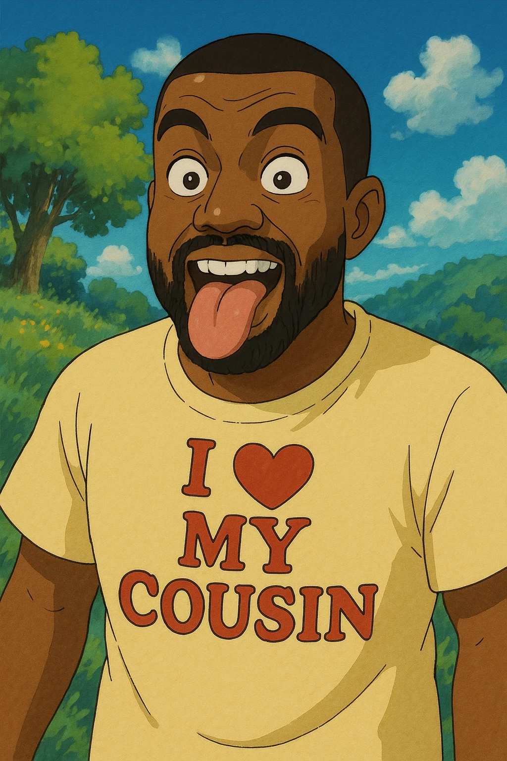 Kanye West with his tongue out, wearing a t-shirt that says 'I love my cousin', ghibli style emoji