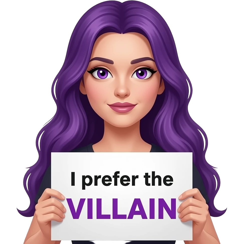 sexy girl with long purple hair and purple eyes holding a I prefer the VILLAIN sign emoji