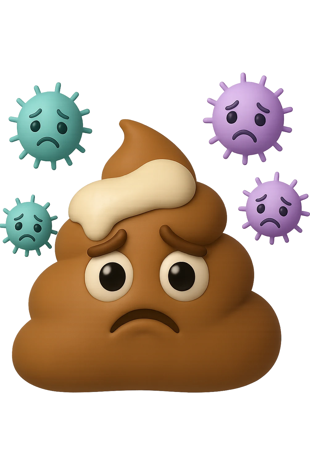 emoji stile iphone 3d di una cacca con muco bianco sopra, dietro cui fluttuano batteri intestinali tristi, iperrealistiche 4k emoji