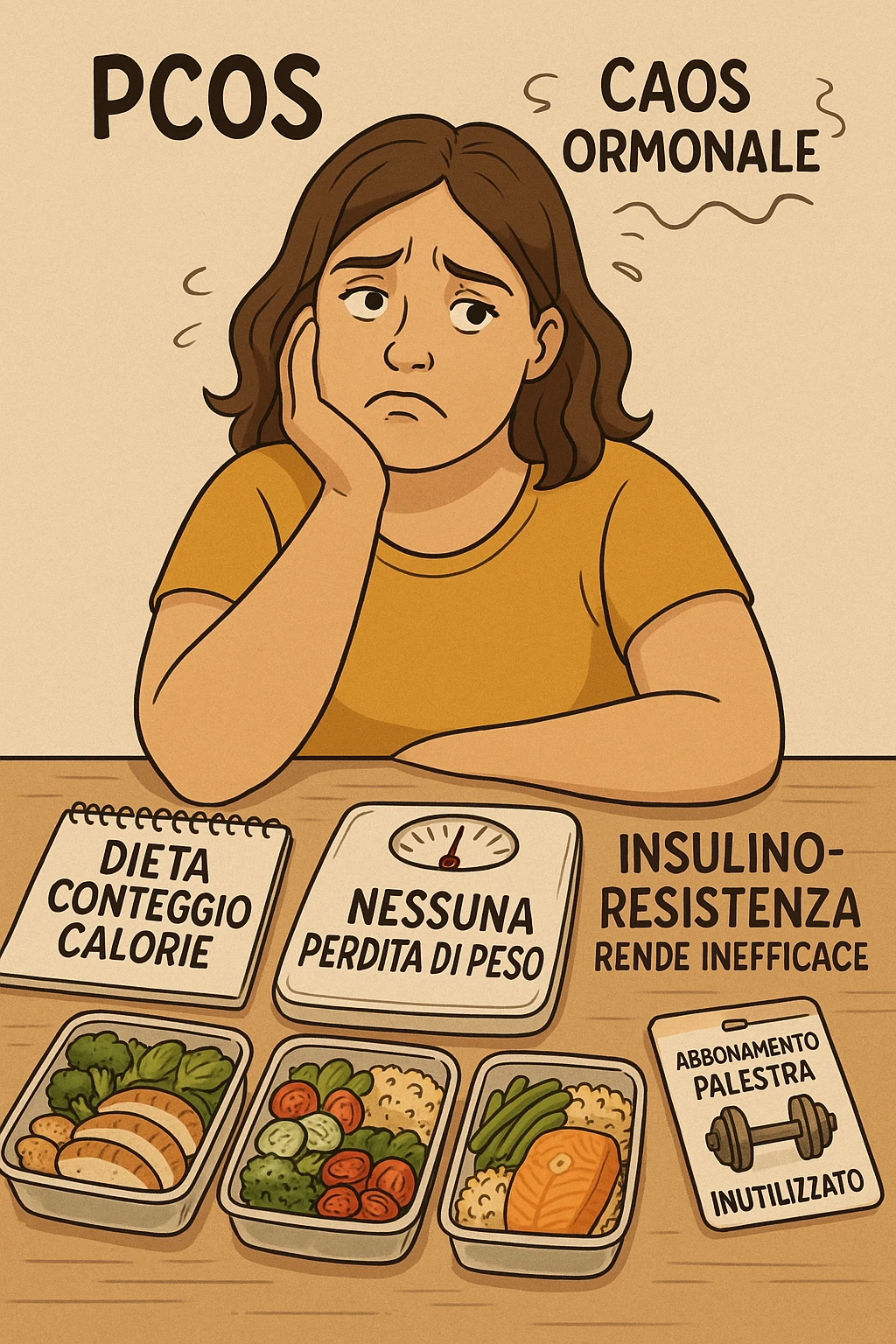 "Desperate woman with PCOS following standard calorie-counting diet, scale showing no weight loss despite strict adherence, expression of confusion and defeat, meal prep containers with healthy foods, insulin resistance making normal dieting ineffective, hormonal chaos overriding caloric deficit principles, gym membership unused due to lack of results scritte in italiano emoji