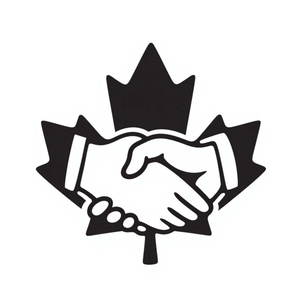 emblem representing a Canadian union, featuring a maple leaf and handshake, hand-drawn doodle style emoji