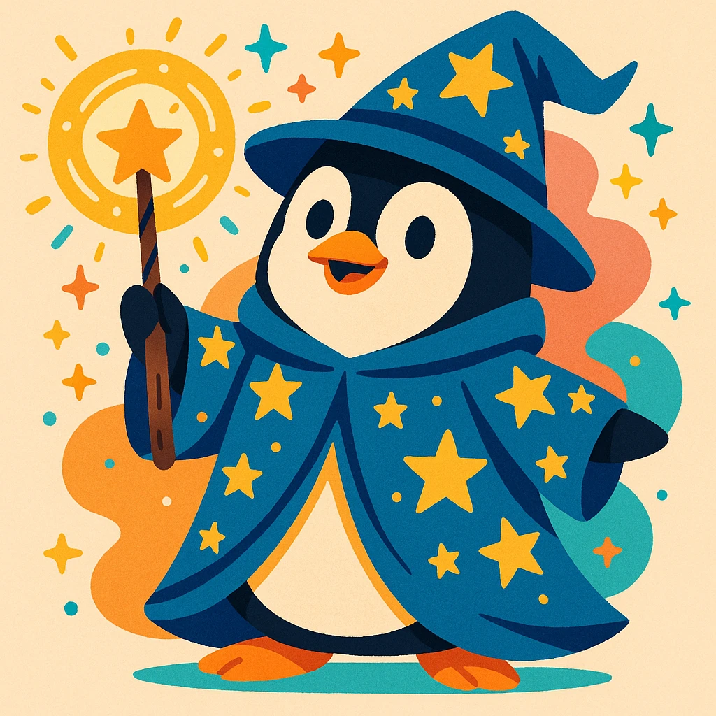 a penguin wizard with a starry robe and magical aura, in a playful, vibrant style emoji