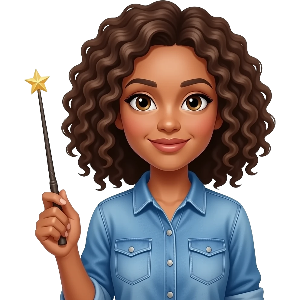 woman curly hair with wand and denim shirt emoji