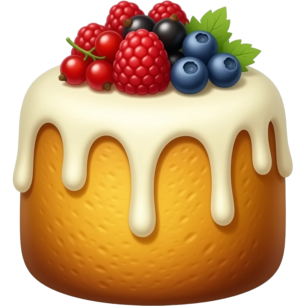 панеттоне золотистого цвета, высокий, с белой глазурью и украшением сверху из ягодок малины, грозди смородины красной черной, черники, зелеными лепестками emoji
