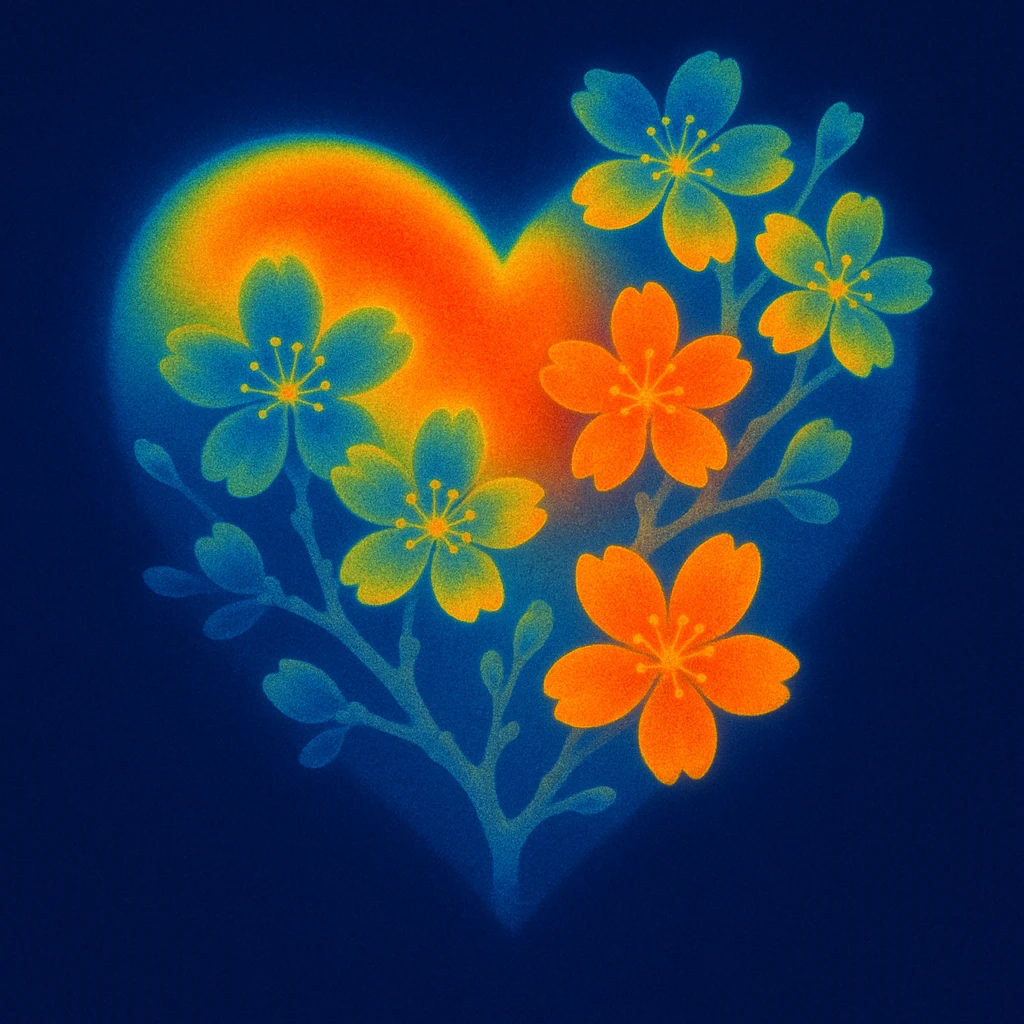 heart with sakura flowers and silver accents, thermal camera style emoji