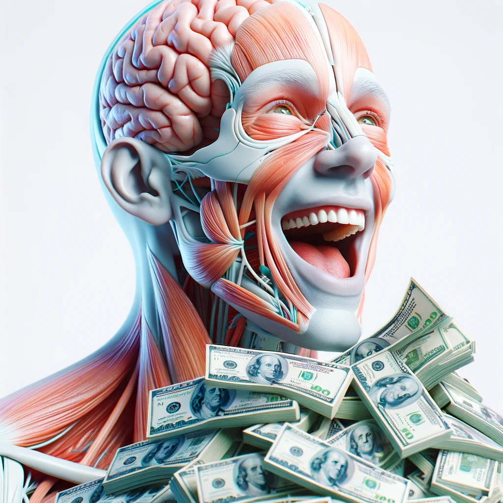 corpo umano anatomico sereno e felice con una montagna di banconote davanti, espressione stupita, iperrealistica 4k, isolato su sfondo bianco emoji