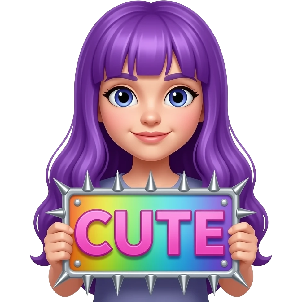girl with long purple hair holding a CUTE but STABBY sign emoji