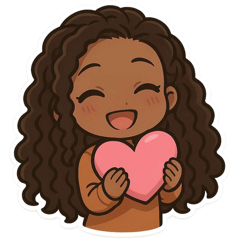 chibi anime black girl with long curly hair, smiling, holding a pink heart, pose 4 emoji