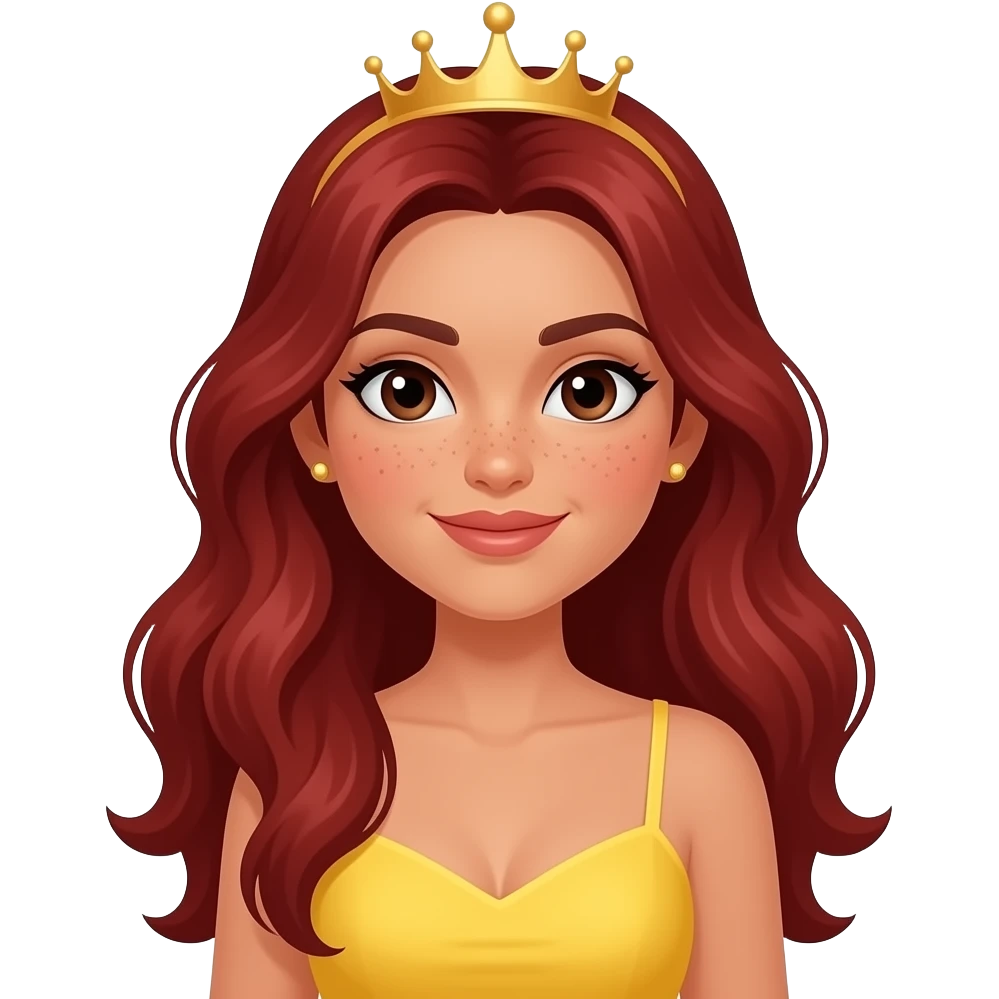 small earings latina yellow dress dark brown eyes Long red head queen with a little freckles emoji