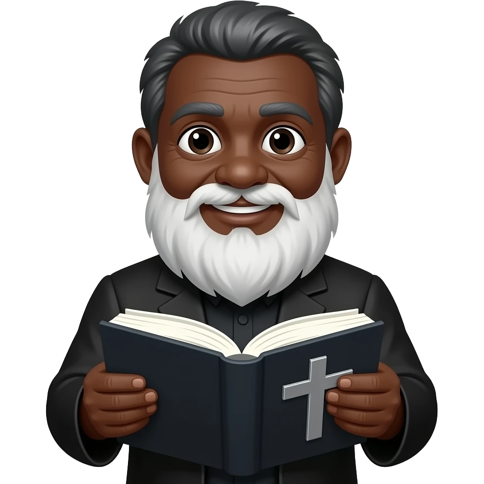 wise old man with greying black hair white beard black skin smile with book that has a cross on it emoji