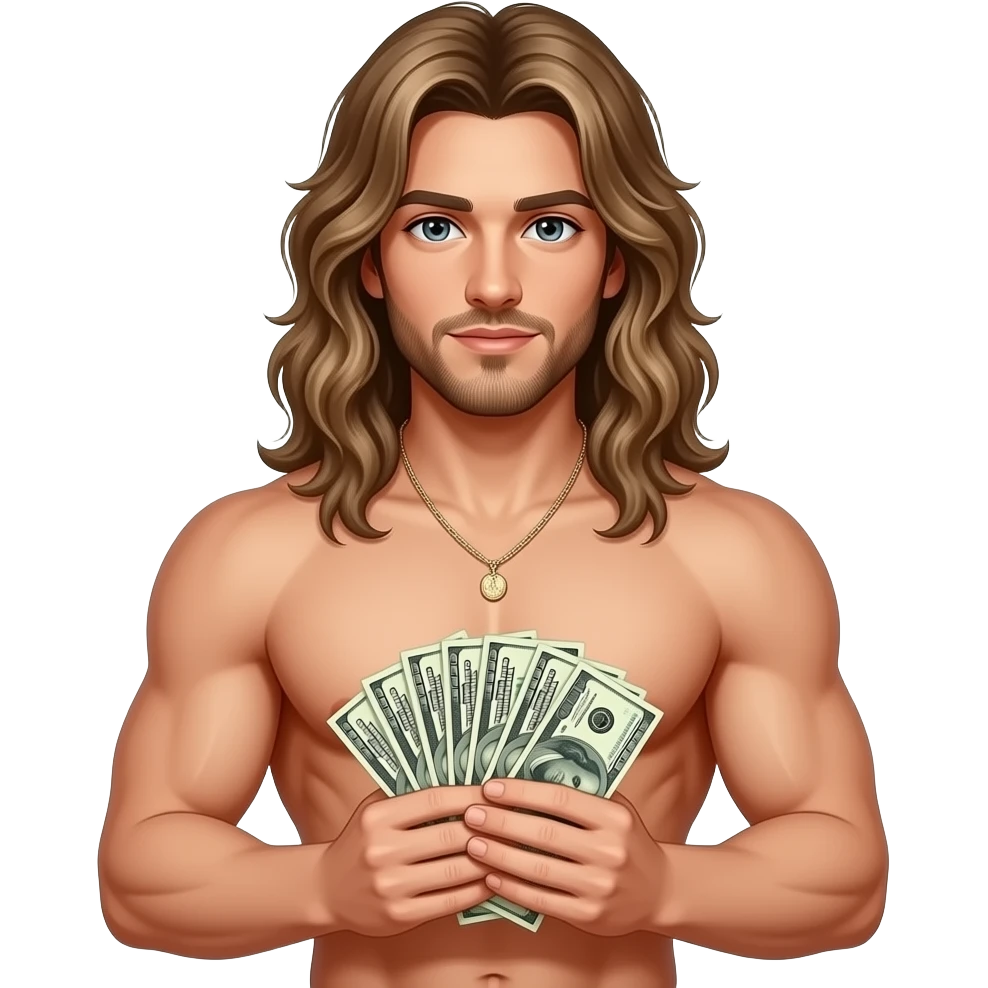 rich muscular shirtless twink with extremely long hair holding money emoji