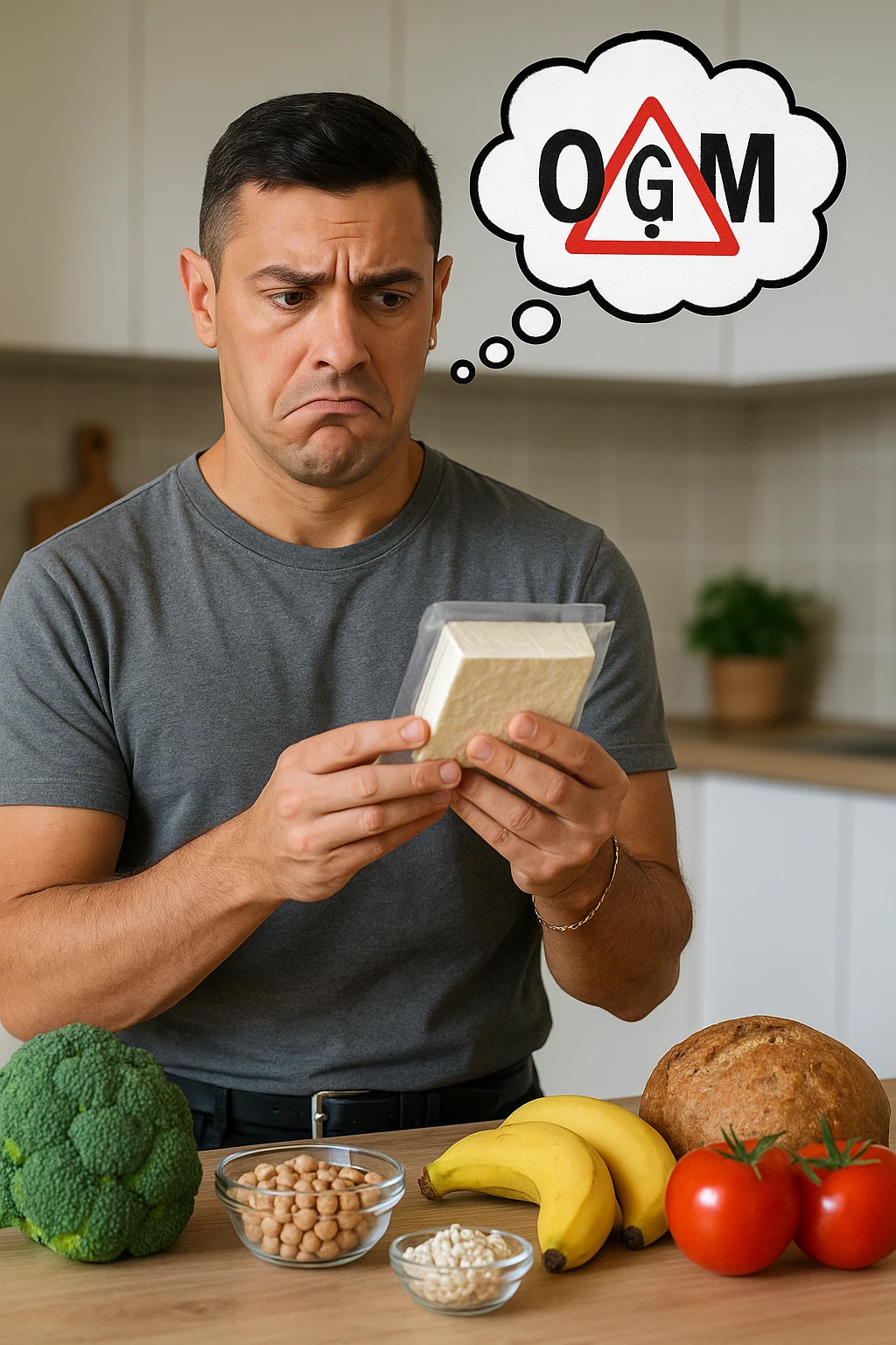 un uomo in cucina tiene in mano una confezione di soia o tofu, osservandola con un’espressione scettica e preoccupata. Sopra la confezione, una nuvoletta di pensiero mostra la scritta “OGM” evidenziata in rosso, accompagnata da un simbolo di allarme o un punto interrogativo. Sullo sfondo, altri alimenti naturali sono visibili sul tavolo, sottolineando la sua preferenza per prodotti non OGM. emoji