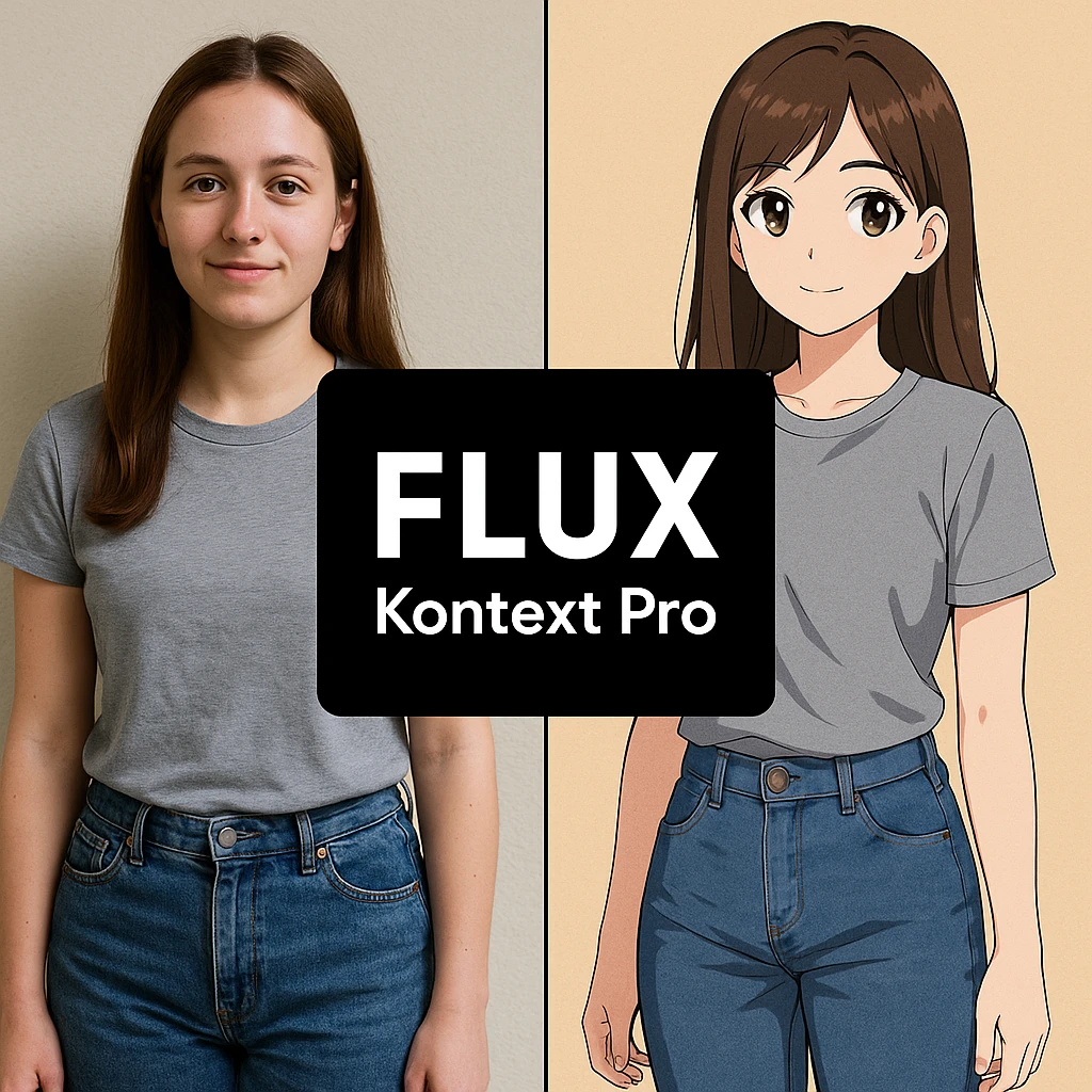 create before after image of a girl before is realsitic photo, after is anime version of her in same pose and clothes, add logo with text of a "FLUX Kontext Pro" in middle in big, black background emoji