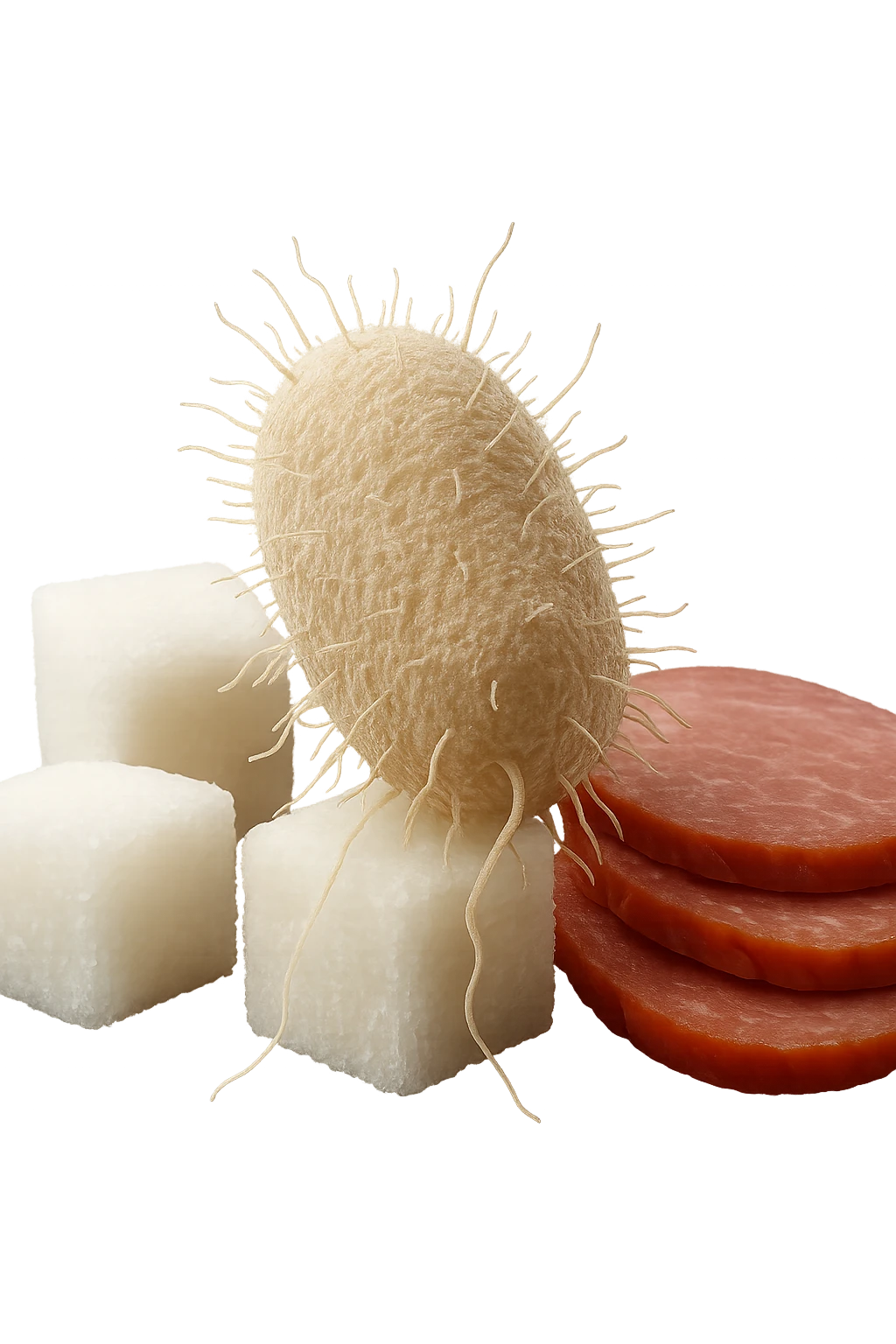 un batterio della candida si nutre di zollette di zuccheri e fettine di carne, IPERREALISTICO 4K emoji