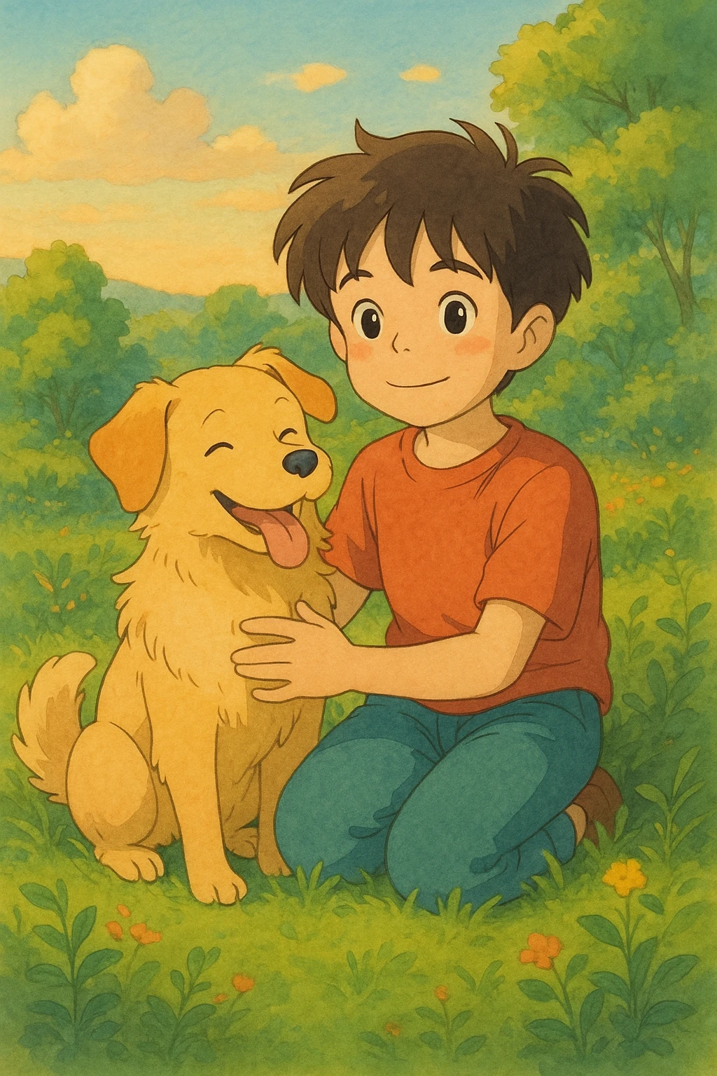 kid and his pet dog in studio ghibili style emoji