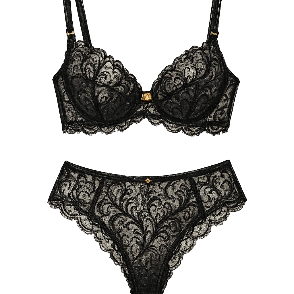 luxurious black lace lingerie set, gold accents, glamorous, fashion illustration style, no background emoji