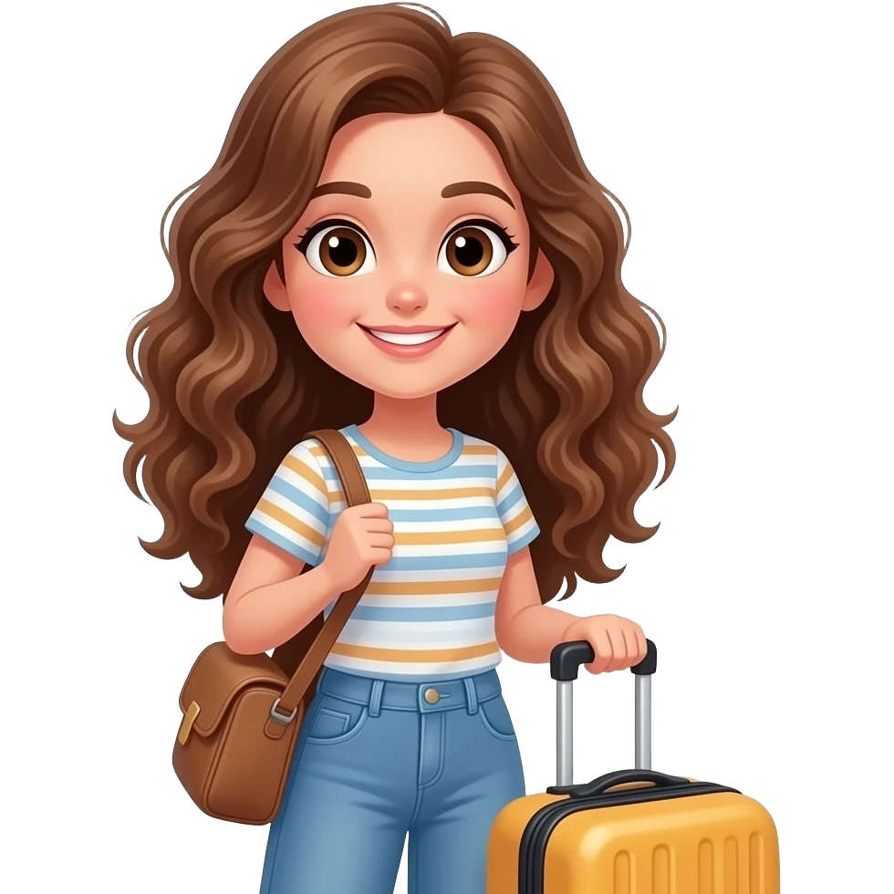 white girl with brown eyes and long curly hair on vacation with a suitcase emoji