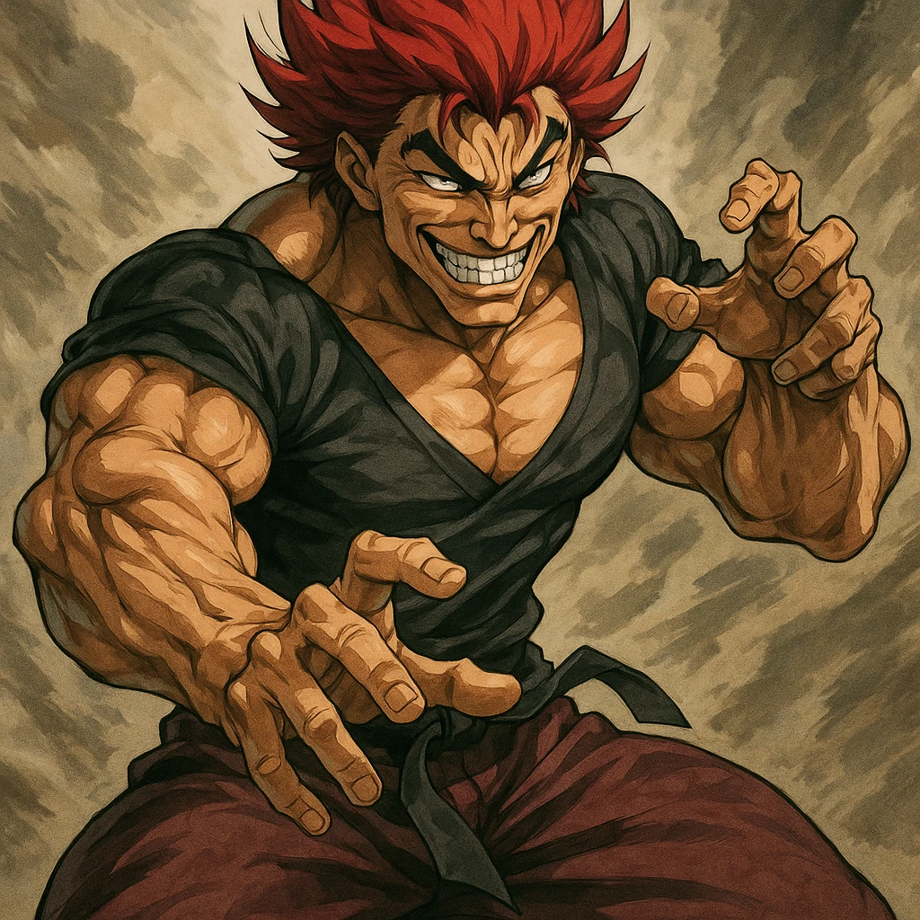 Yujiro Hanma, muscular anime character with red spiky hair, menacing grin, martial arts pose, style 1 emoji