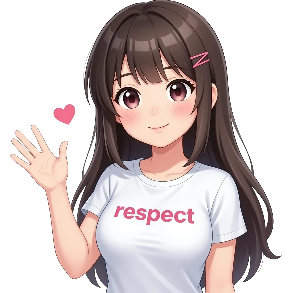 make a anime girl with a heart and blushing and whearing a  T-shirt and call it "respect" remove the hand from the body and make her lean a bit further to front and make her boobs bigger emoji