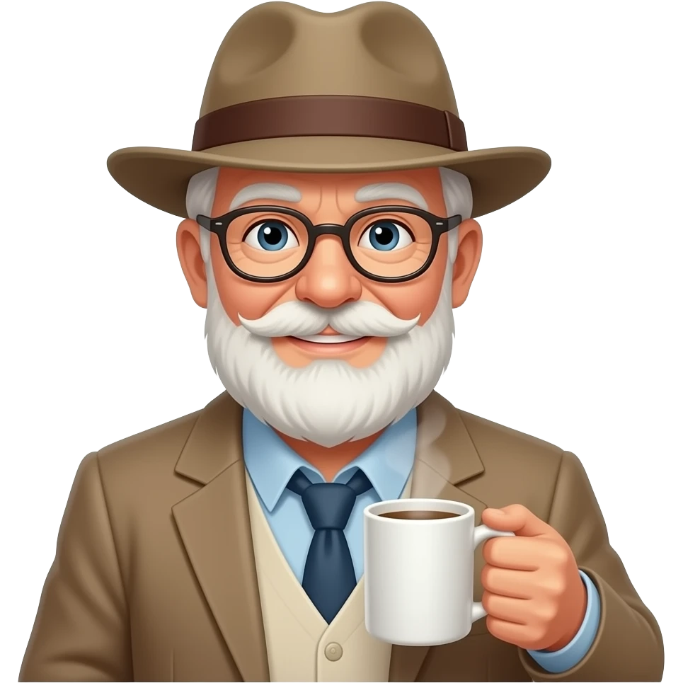 old man with hat and hold coffee mug in his right hand and visisble coffee emoji