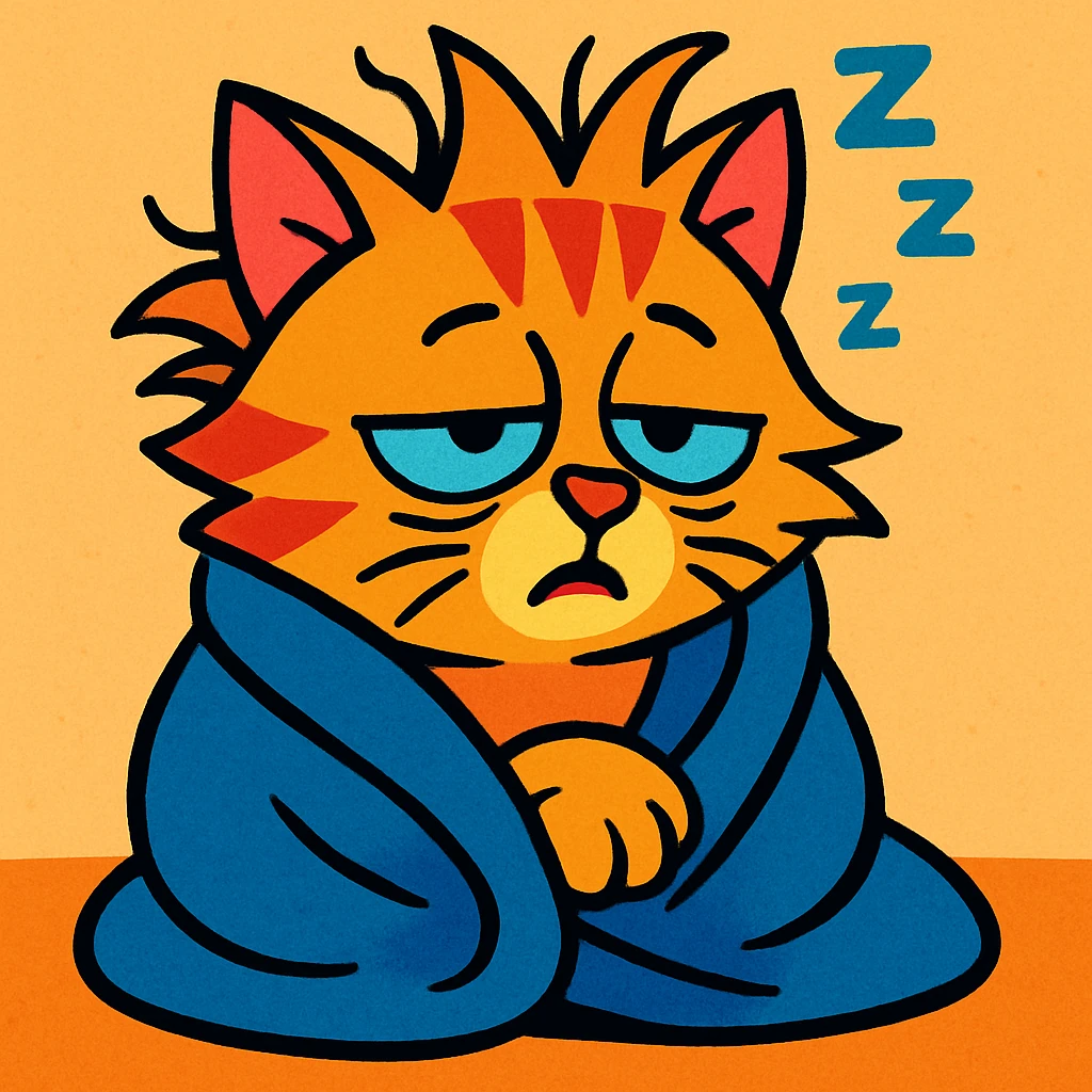 cartoon cat with bedhead, still half asleep, wrapped in a blanket, vibrant toon style emoji
