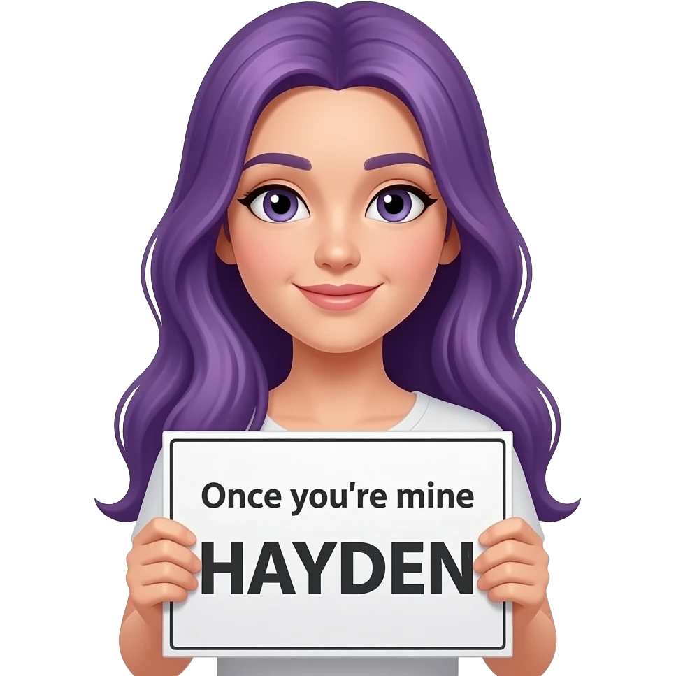 girl with long purple hair holding a Once you're mine HAYDEN sign emoji