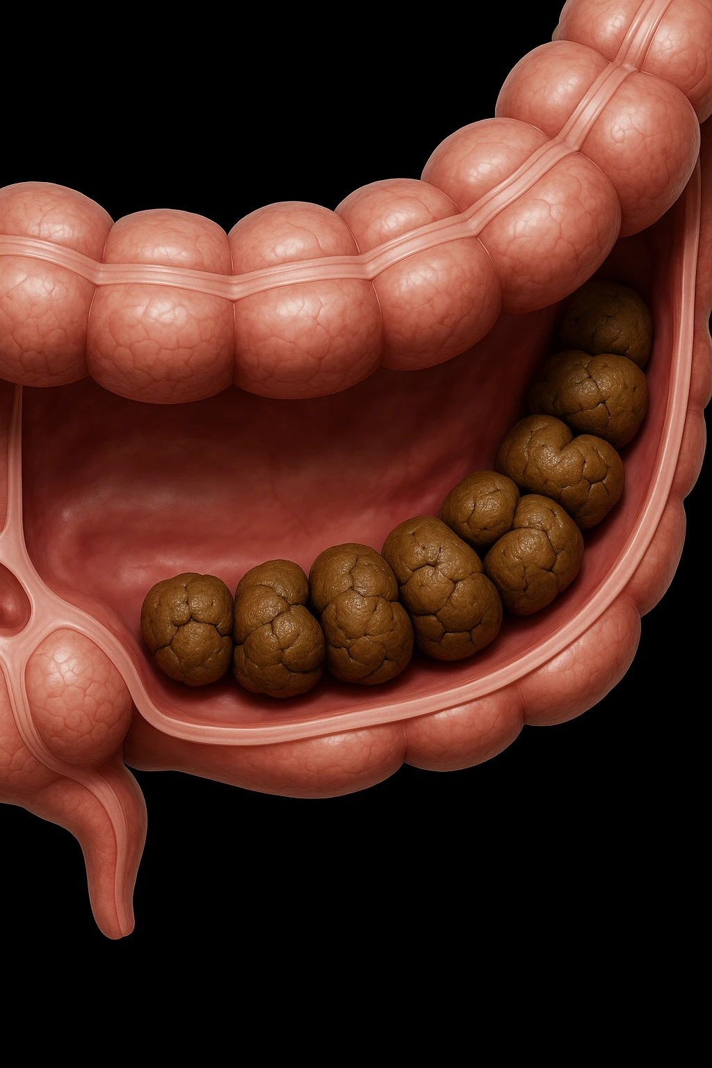 colon umano anatomico con feci a pallini all'interno, stipsi, iperrealistico 4k emoji