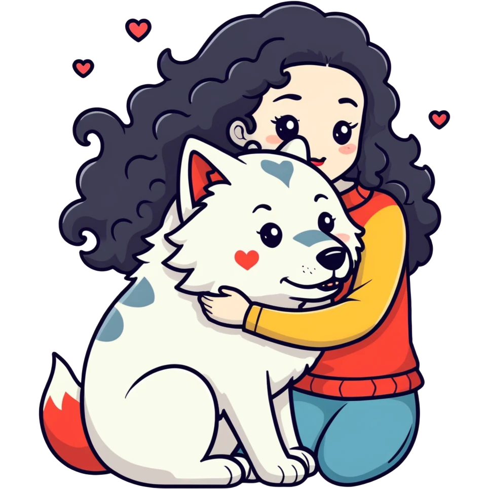 Black curly hair white skin girl hugging one big wolf with hearts above them emoji