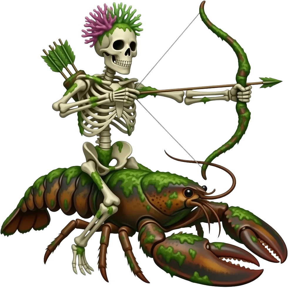 A  algae covered brown skeleton covered with corals and seaweed holding an algae covered bow and arrow riding on a algae covered lobster covered with seaweed emoji