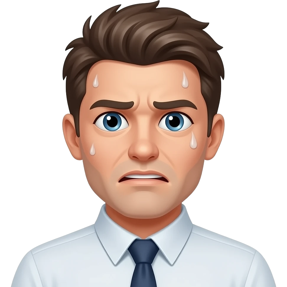 Create a looped animated emoji of a stressed office worker (CLT style).

Style:
- chibi cartoon
- dark humor
- expressive face
- messy hair

Animation:
- sweating
- head shaking slightly
- loop seamless

Background:
- transparent

Format:
- webp animated
- 512x512 emoji