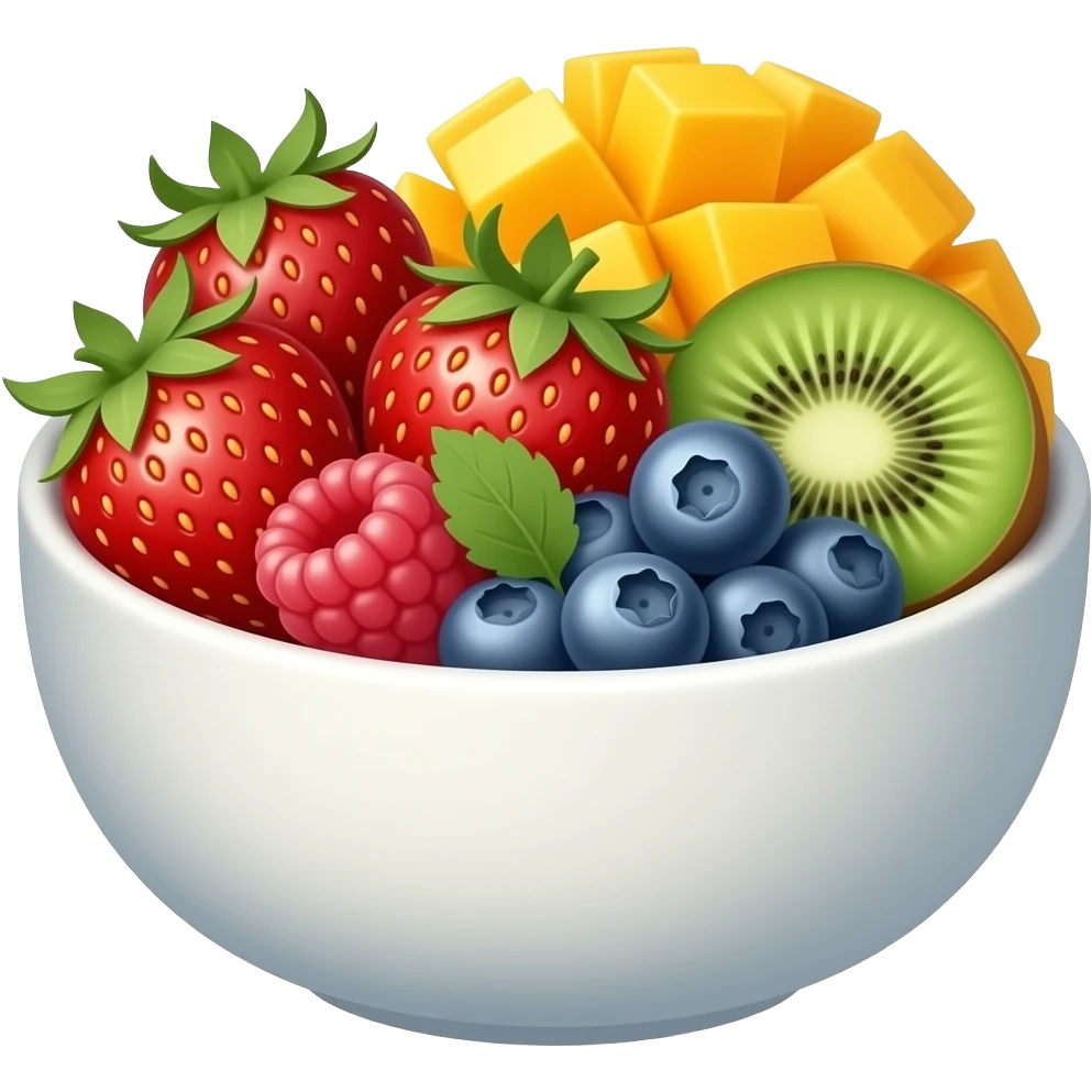 fruit bowl with strawberries rapsberries kiwi blueberries mango emoji