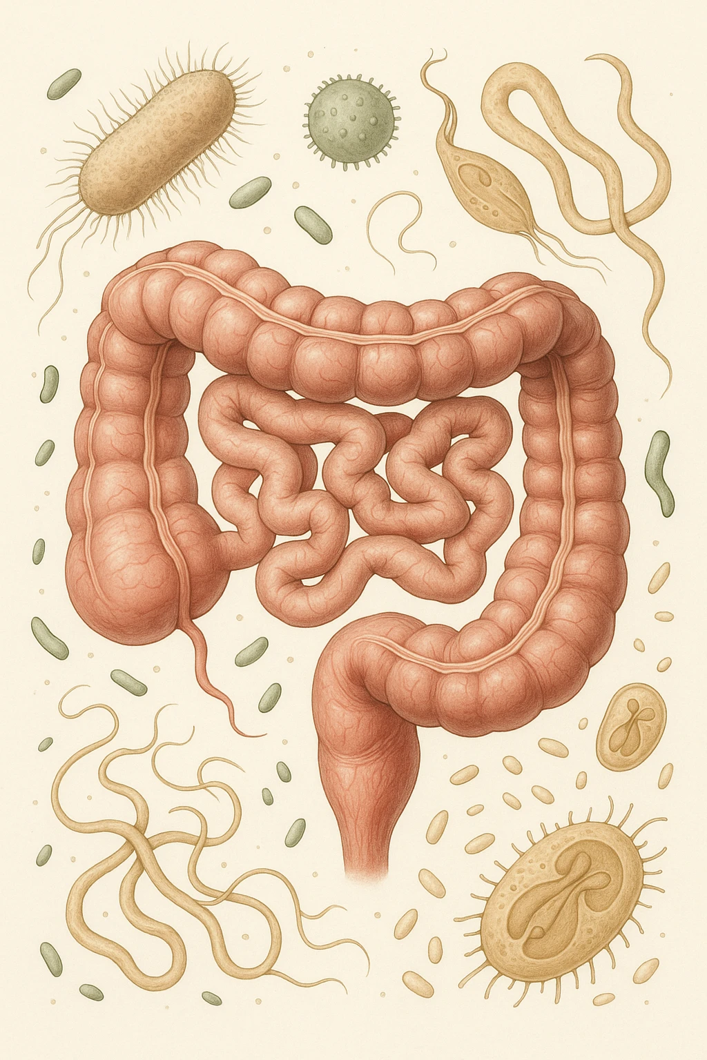 INTESTINO UMANO ANATOMICO CON BATTERI E PARASSITI INTORNO, SFONDO CHIARO NEUTRO emoji