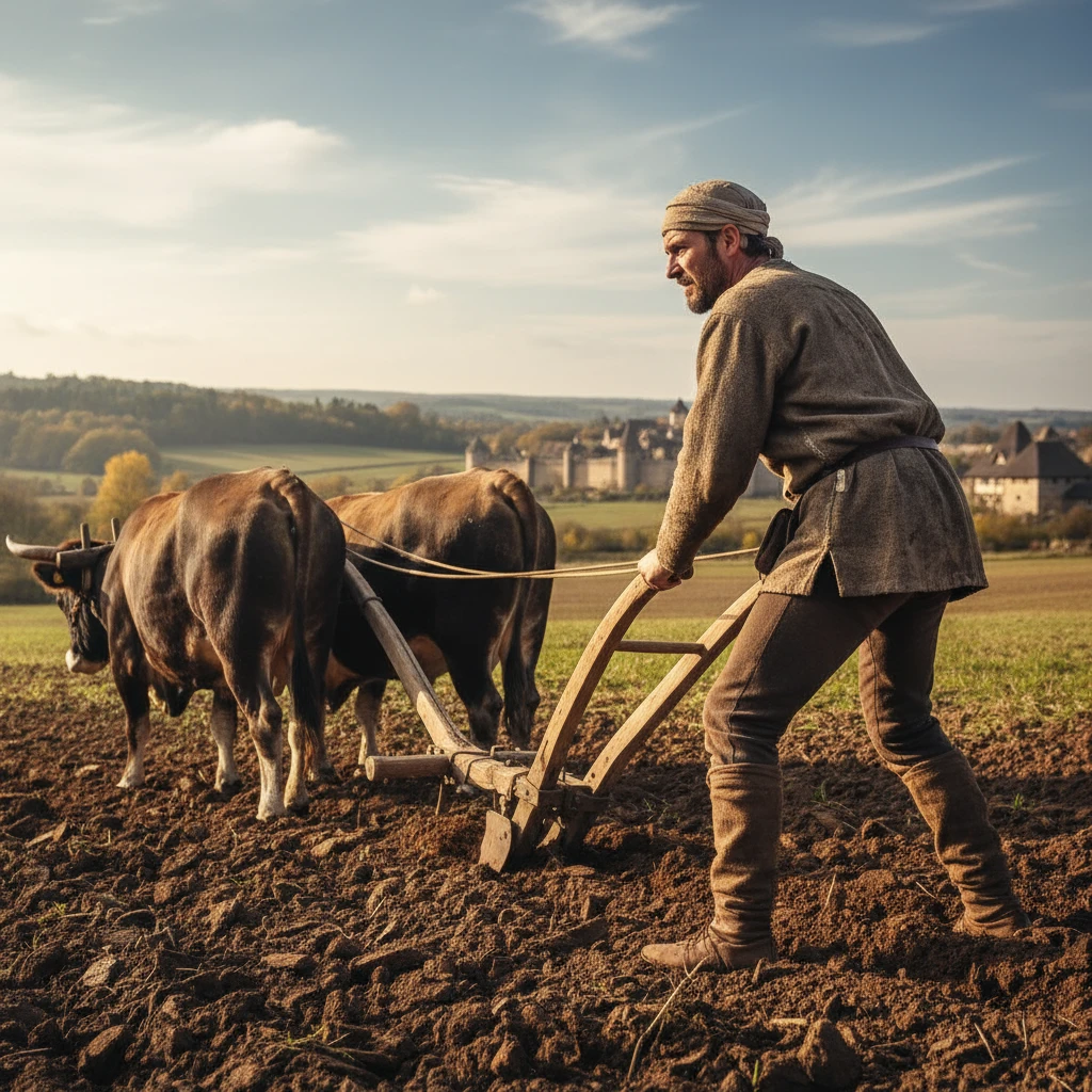 нарисуй в профиль средневекового мужчину с плугом и волами emoji