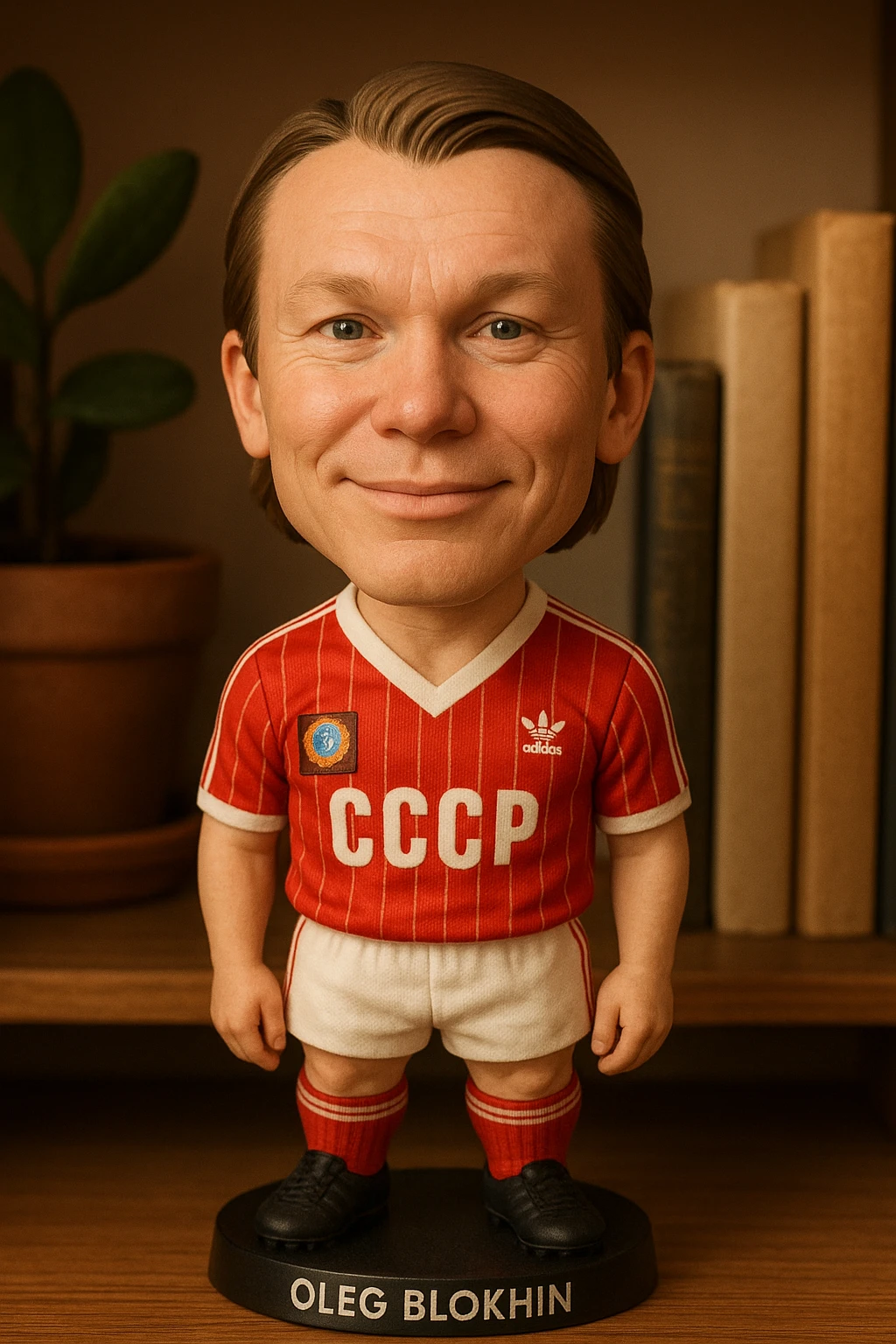 Олег Блохин в форме сборной СССР 1975 года смотрит на прямо на зрителя и слегка улыбается, освещение с левой верхней стороны кадра emoji