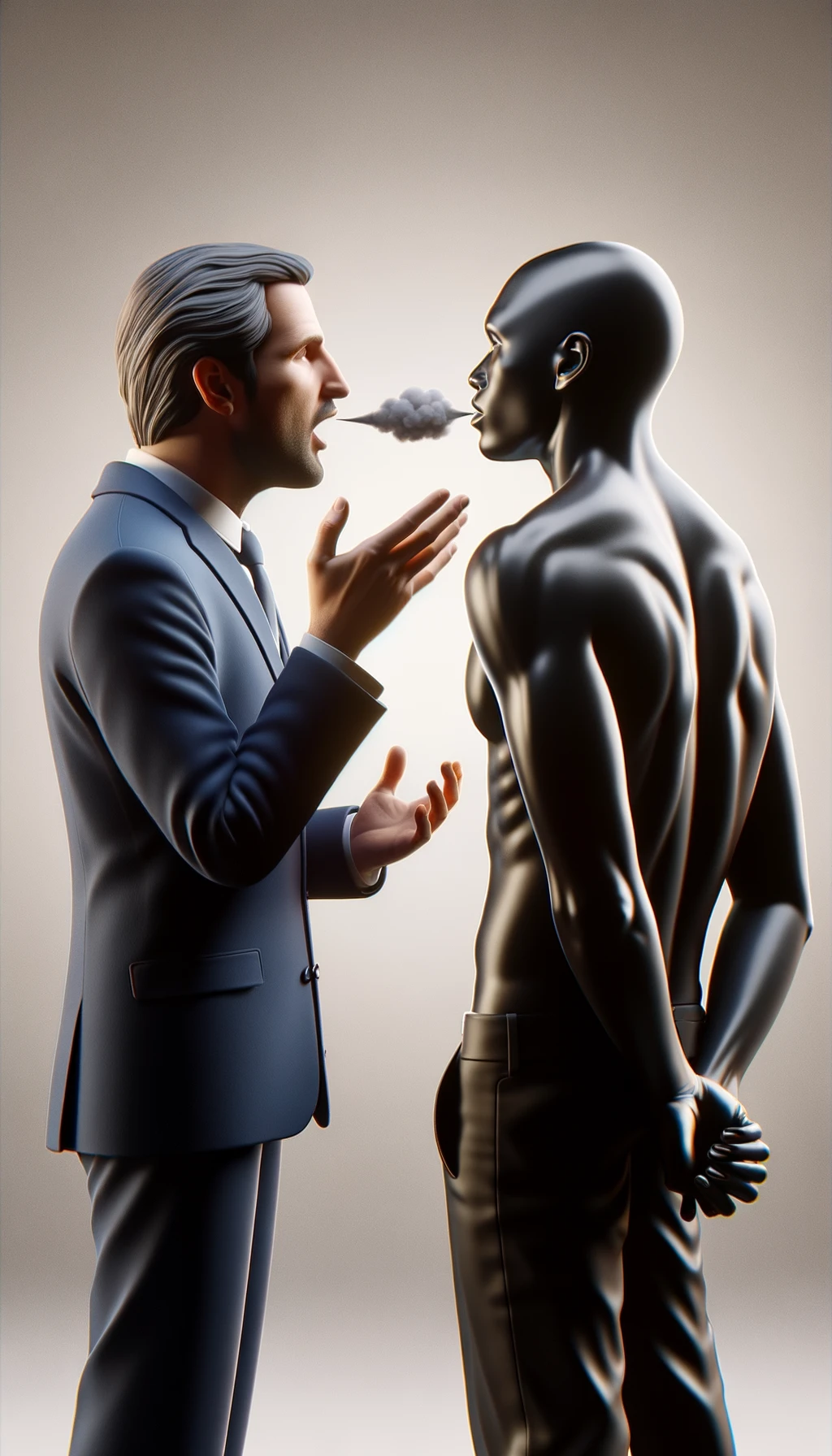 una persona parla e un altra persona di spalle lo ascolta, il significato dell'immagine è cheù dalle parole si capisce il valore della persona, immagine iperrealistica 4k, sfondo chiaro emoji