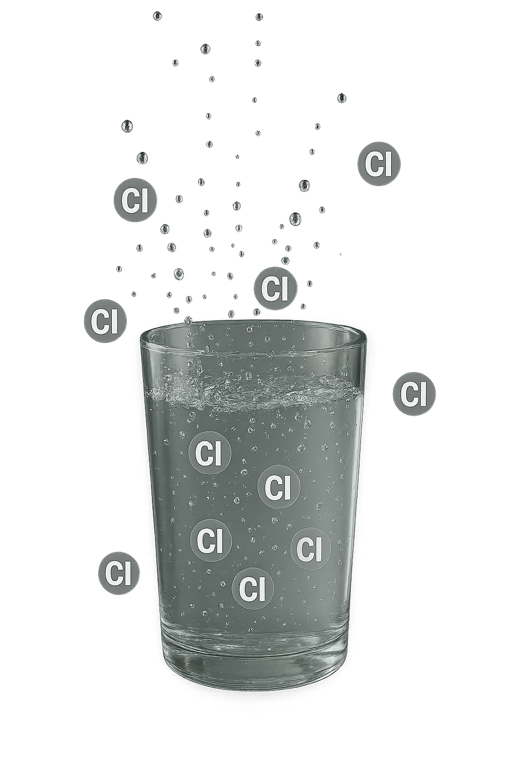 un bicchiere di acqua cade verticalmente dall'alto realistico e dettagliato, dentro l'acqua del bicchiere ci sono particelle di cloro ben visibili con la scritta "Cl" sopra, ci sono particelle anche che escono dal bicchiere e fluttuano in aria verticalmente, mentre alcune sono all'interno dell'acqua nel bicchiere, iperrealistico 4k emoji