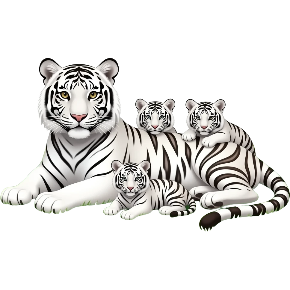 1Mumma White mountain tiger laying with 3 baby cubs sitting in garden of flowers emoji