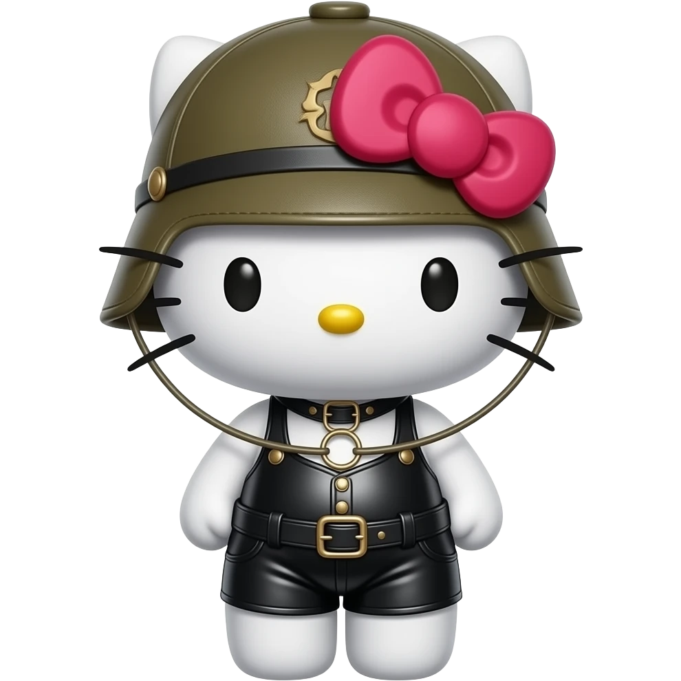 hello kitty representada de cuerpo entero como Dominatrix BDSM fetichista vestida de latex ajustado y O-ring harness, gorra militar de cuero, emoji