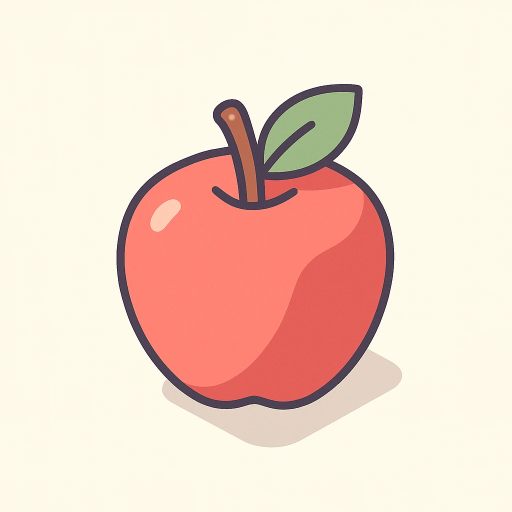 사과, 2D isometric style, 토스 스타일 느낌, 밝은 파스텔톤, 둥근 형태, 현대적 감성 emoji