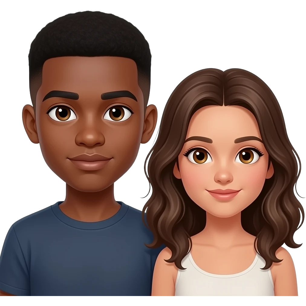 very dark skin, super hooded asain eyes, male, staight fade haircut, thick lips, soft flat nose, teenager, add a girl next to him make the girl,very tan with wavy hair and hazle eyes, make her darker skuined. dont change the girl anymore, make the boy darker and give him brown eyes and thicker lips emoji