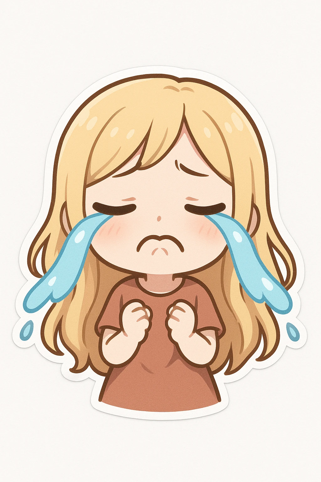 cute animated girl with long blonde hair, sad face, crying with cartoon tears, mouth downturned, plain white background emoji