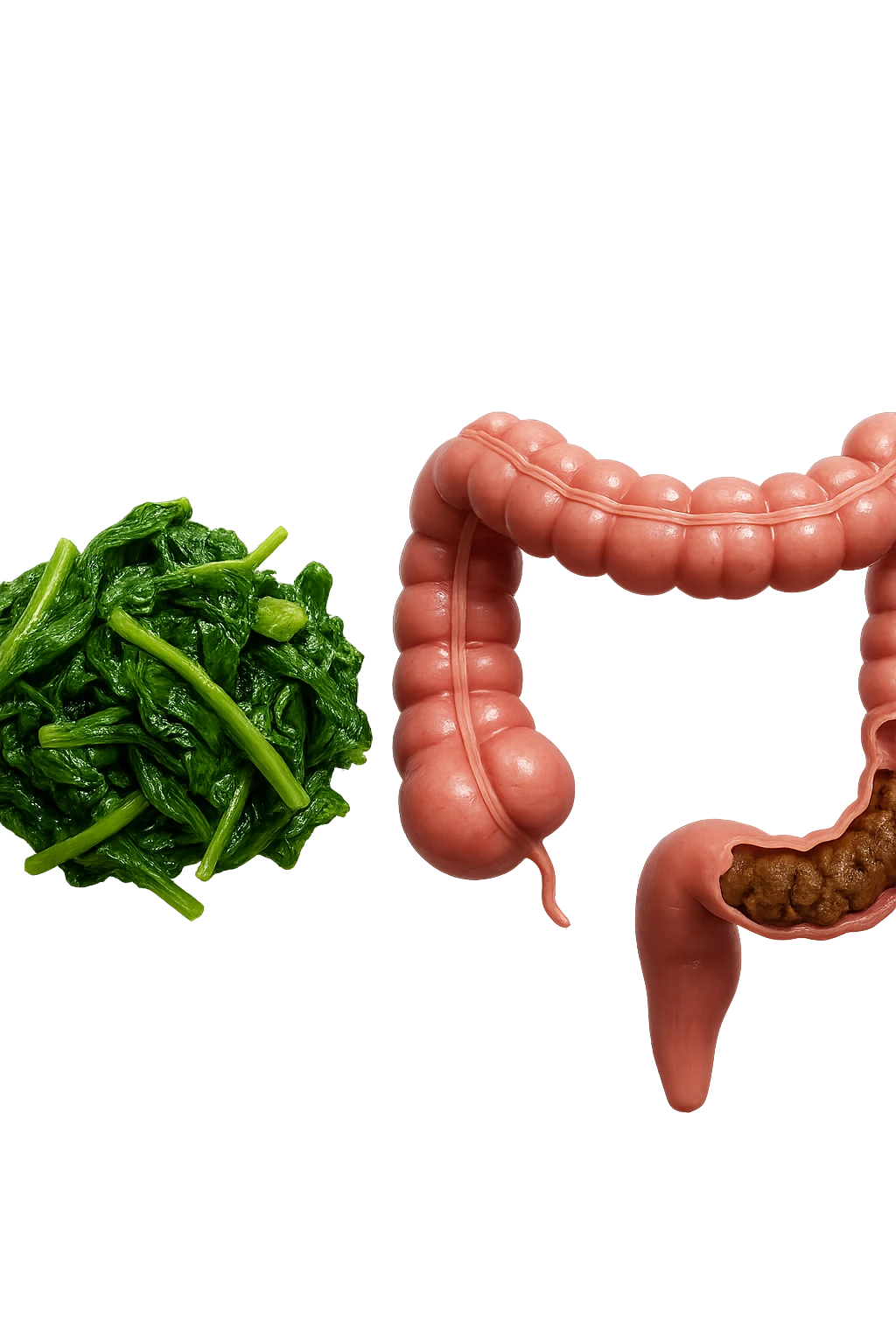 VERDURE COTTE FLUTTUANO IN ARIA INSIEME AD UN INTESTINO CON FECI BLOCCATE NEL COLON, iperrealistica 4k emoji