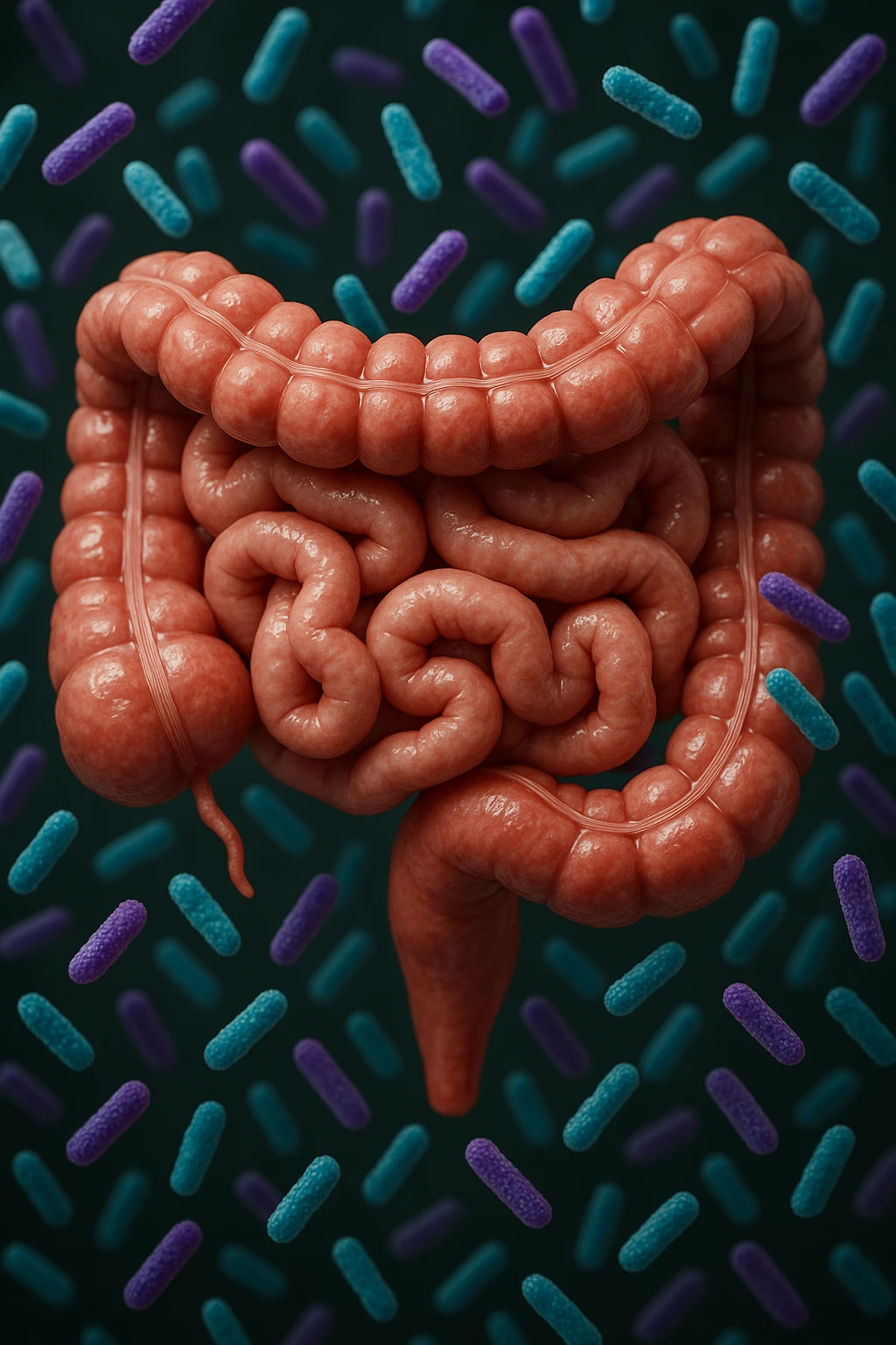 intestino umano anatomico realistico pieno di batteri intestinali viola e turchesi che gli fluttuano intorno, IPERREALISTICA 4K emoji