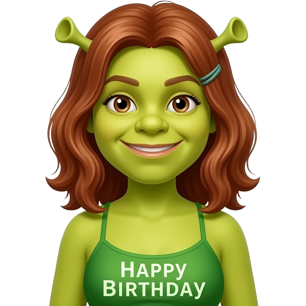 Fiona from Shrek wearing green bikini bathers with happy birthday written at the bottom emoji