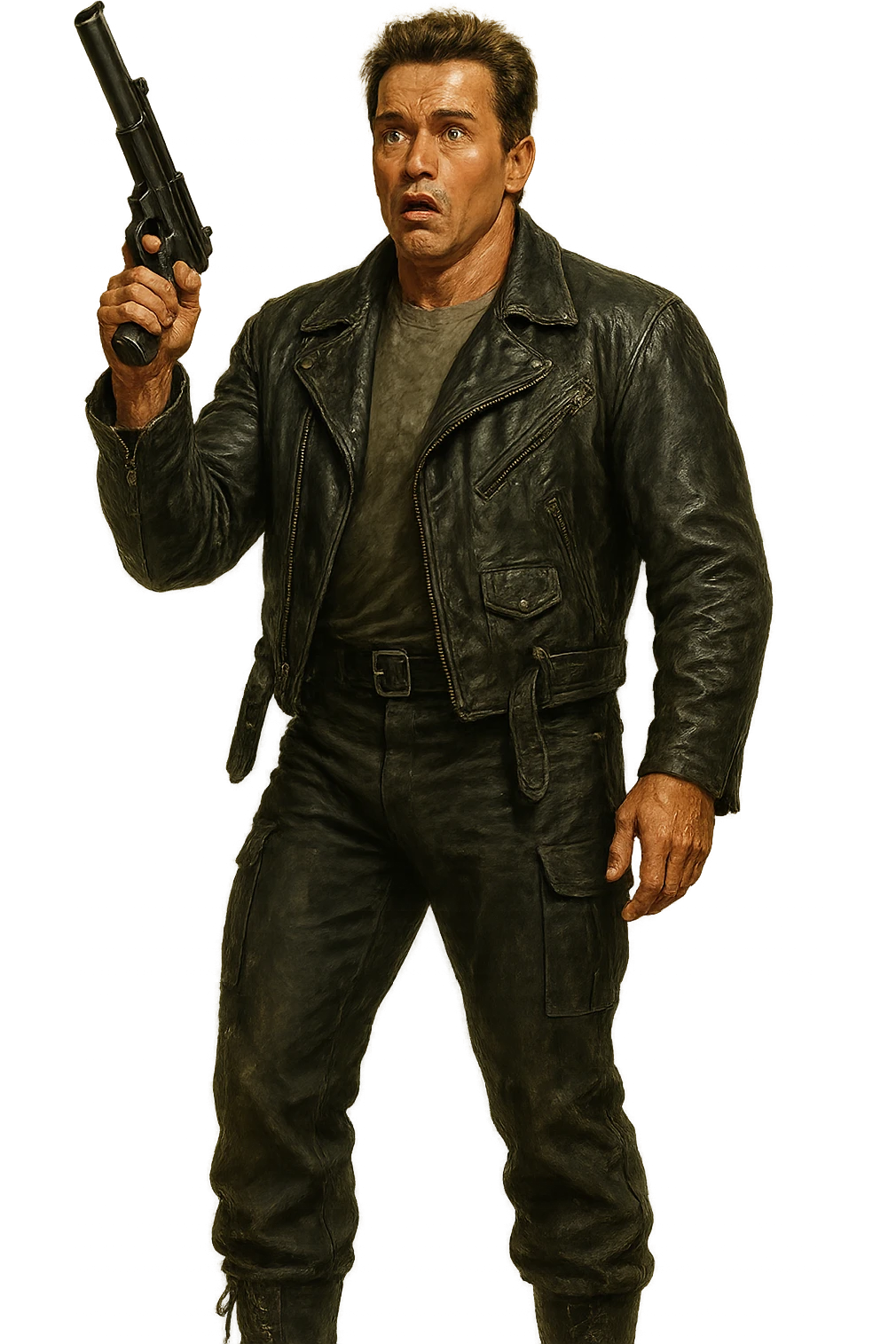 Full-body Terminator Arnold Schwarzenegger in leather jacket, surprised face, holding a gun raised, realistic painted style emoji