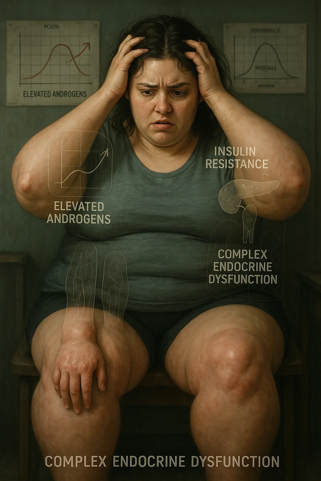 cinematic realistic in italiano Woman with PCOS struggling with hormonal chaos, transparent overlay showing elevated androgens and insulin resistance affecting her body, lipedema causing disproportionate fat accumulation in legs and arms despite normal torso, expression of frustration with unexplained weight gain, medical charts showing complex endocrine dysfunction, painful swollen limbs contrasting with metabolic confusion scrivi in italiano emoji