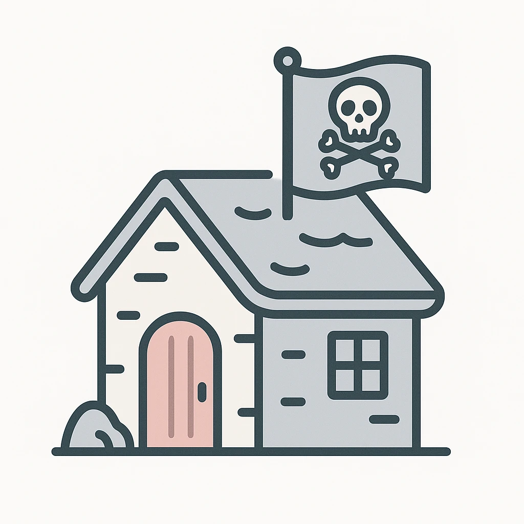 old pirate's house with skull flag emoji