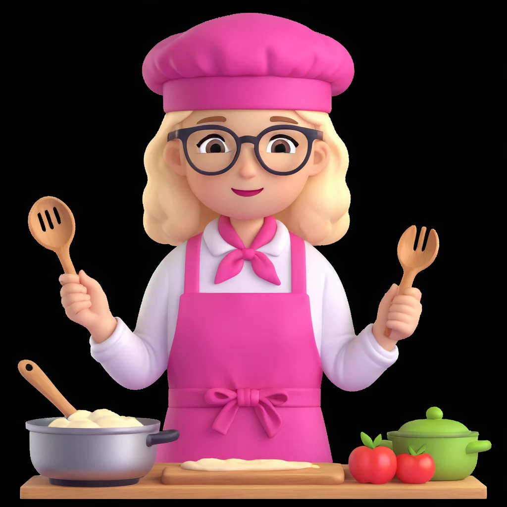 a girl with glasses and a pink kitchen hat cooking, 3D cartoon style emoji