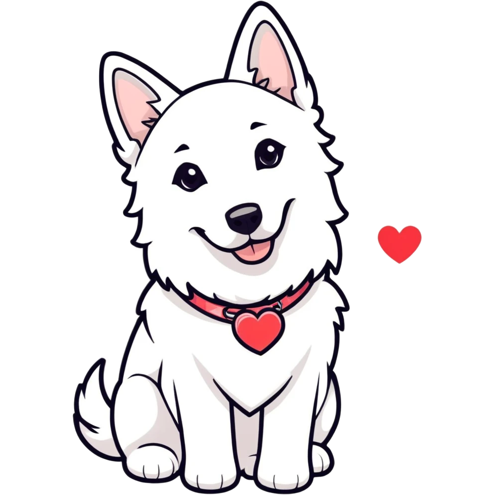 white Swiss Shepherd dog with a Glitter collar . over the Dog ist a heart emoji